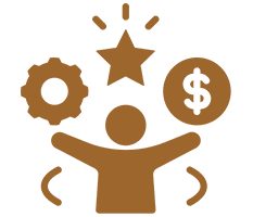 Person surrounded by symbols of success, money, and settings.