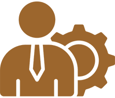 Icon of a businessperson with a gear, symbolizing management or engineering.